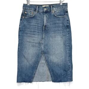 WE THE FREE Suzanne Denim Midi Skirt 4 Indigo Blue Western Raw Hem Distressed